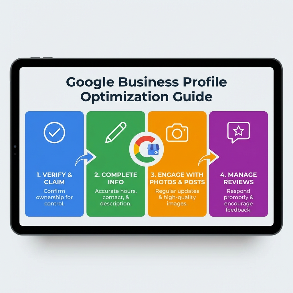 Google Business Profile Optimization Guide. 1. VERIFY & CLAIM: Confirm ownership for control. 2. COMPLETE INFO: Accurate hours, contact, & description. 3. ENGAGE WITH PHOTOS & POSTS: Regular updates & high-quality images. 4. MANAGE REVIEWS: Respond promptly & encourage feedback.