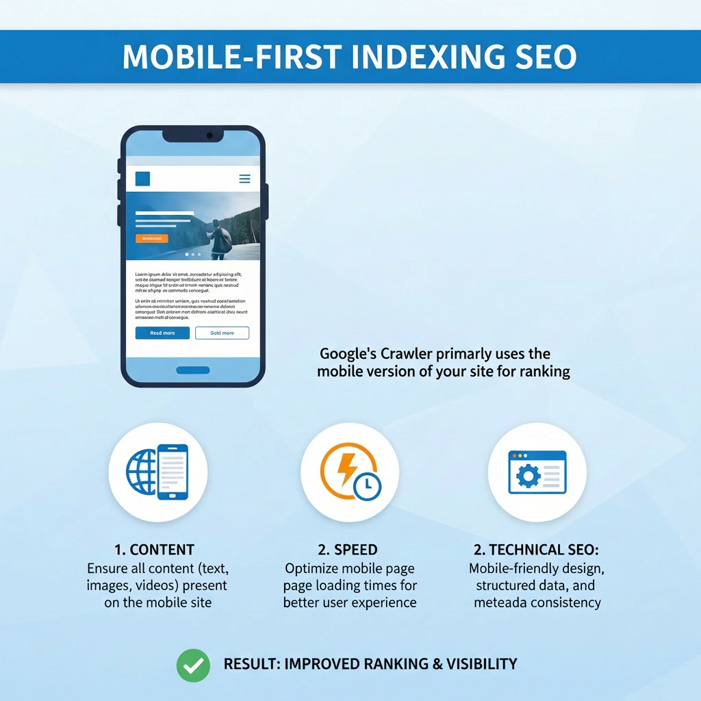 MOBILE-FIRST INDEXING SEO. Google's Crawler primarily uses the mobile version of your site for ranking. 1. CONTENT: Ensure all content (text, images, videos) present on the mobile site. 2. SPEED: Optimize mobile page loading times for better user experience. 2. TECHNICAL SEO: Mobile-friendly design, structured data, and meteada consistency. RESULT: IMPROVED RANKING & VISIBILITY.